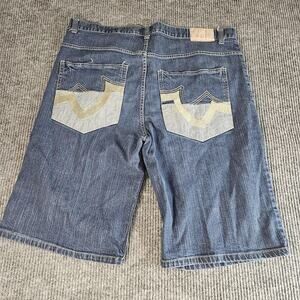 Red Ape Shorts Mens 44 Blue Denim Baggy Long Jean Jorts Embroidered Pockets